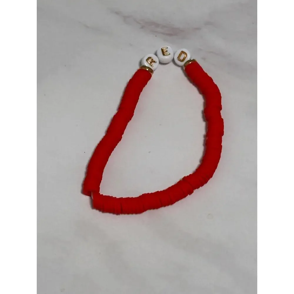 Red Red Heishi Word Bracelet 7 Inch Polymer Clay Gold White Letter Beads